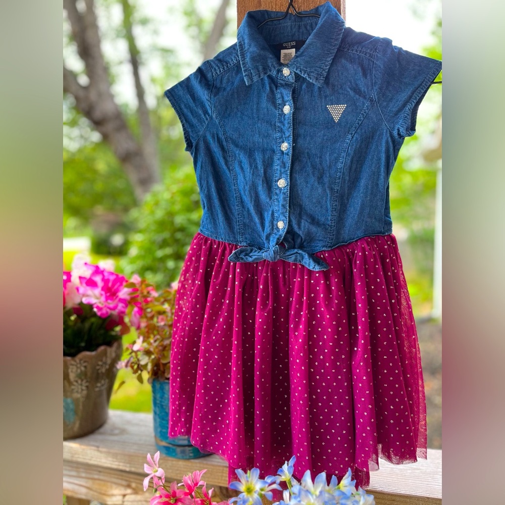 Girl's Guess Blue Denim & Burgundy Shimmer Tulle Skirt 2 Piece Look Dress Size 6 - Picture 1 of 8